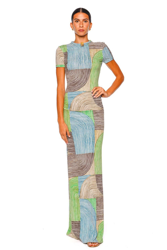 Yara Abstract Green Short Sleeve Maxi Dress