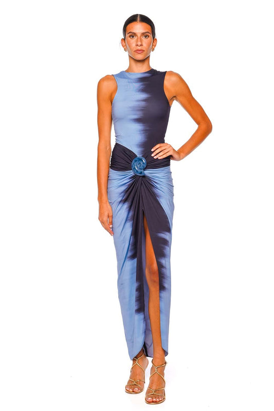 Leni Night Blue Gathered Jersey Midi Dress