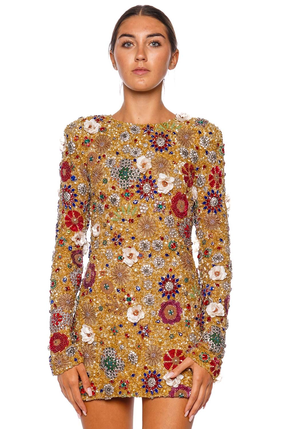 Francesca Gold Embellished Long Sleeve Mini Dress