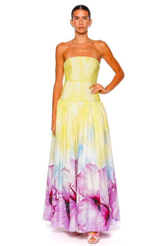 Vacation Ombre Hibiscus Pleated Strapless Gown