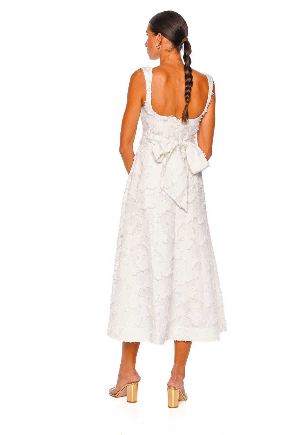 Zinnia Feathered Jacquard Belted Midi Dress
