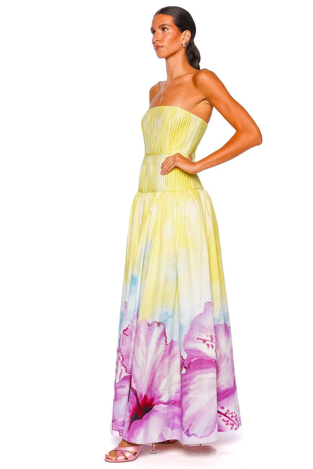 Vacation Ombre Hibiscus Pleated Strapless Gown