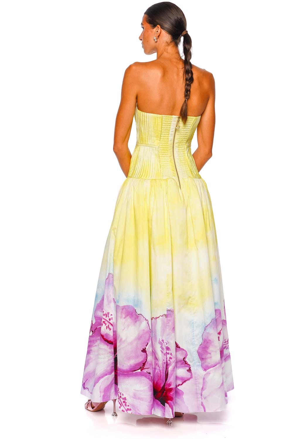 Vacation Ombre Hibiscus Pleated Strapless Gown