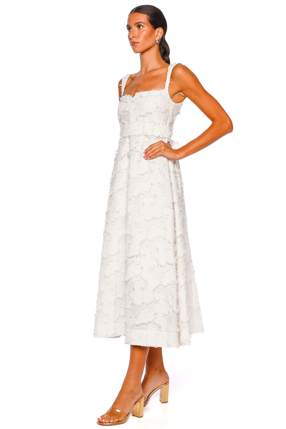Zinnia Feathered Jacquard Belted Midi Dress